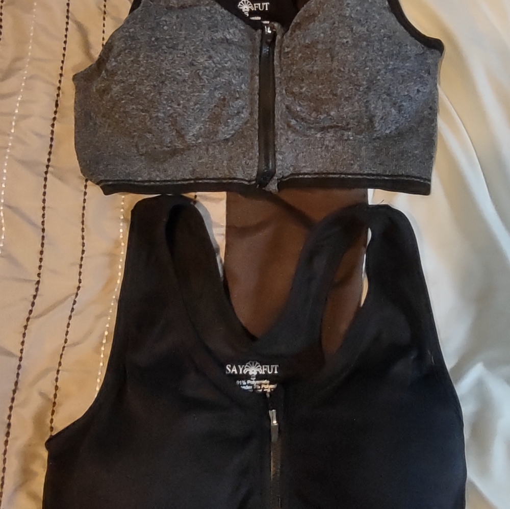 Two Small new gray sports bra removable pads zip front. heather gray and black